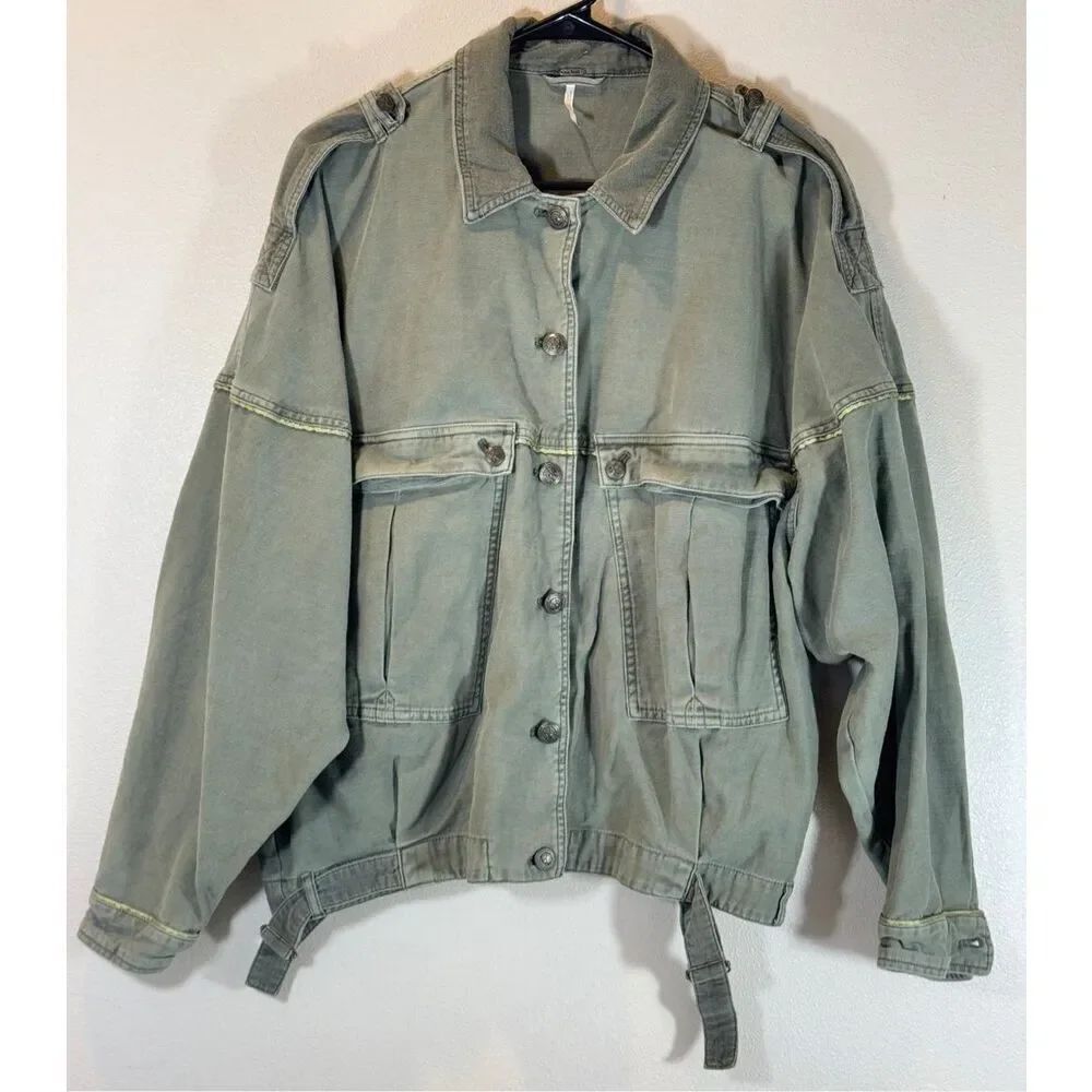 Free People Moss Green Military Oversized Button Front Jacket Women's Small